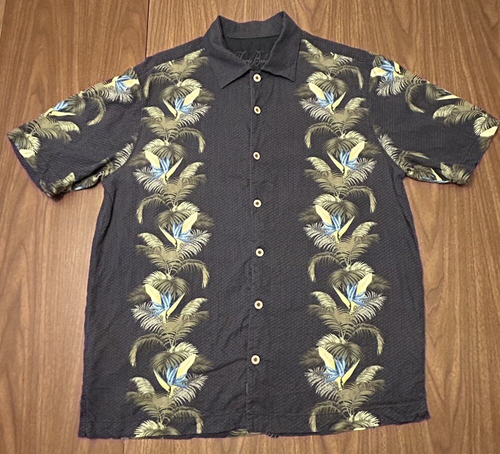 Tommy Bahama 100% Silk Hawaiian Shirt Bird of Paradise & Palms, Dark Grey - M